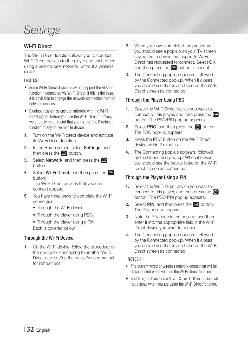 Wi-fi direct, Settings | Samsung BD-F7500-ZA User Manual | Page 32 / 71