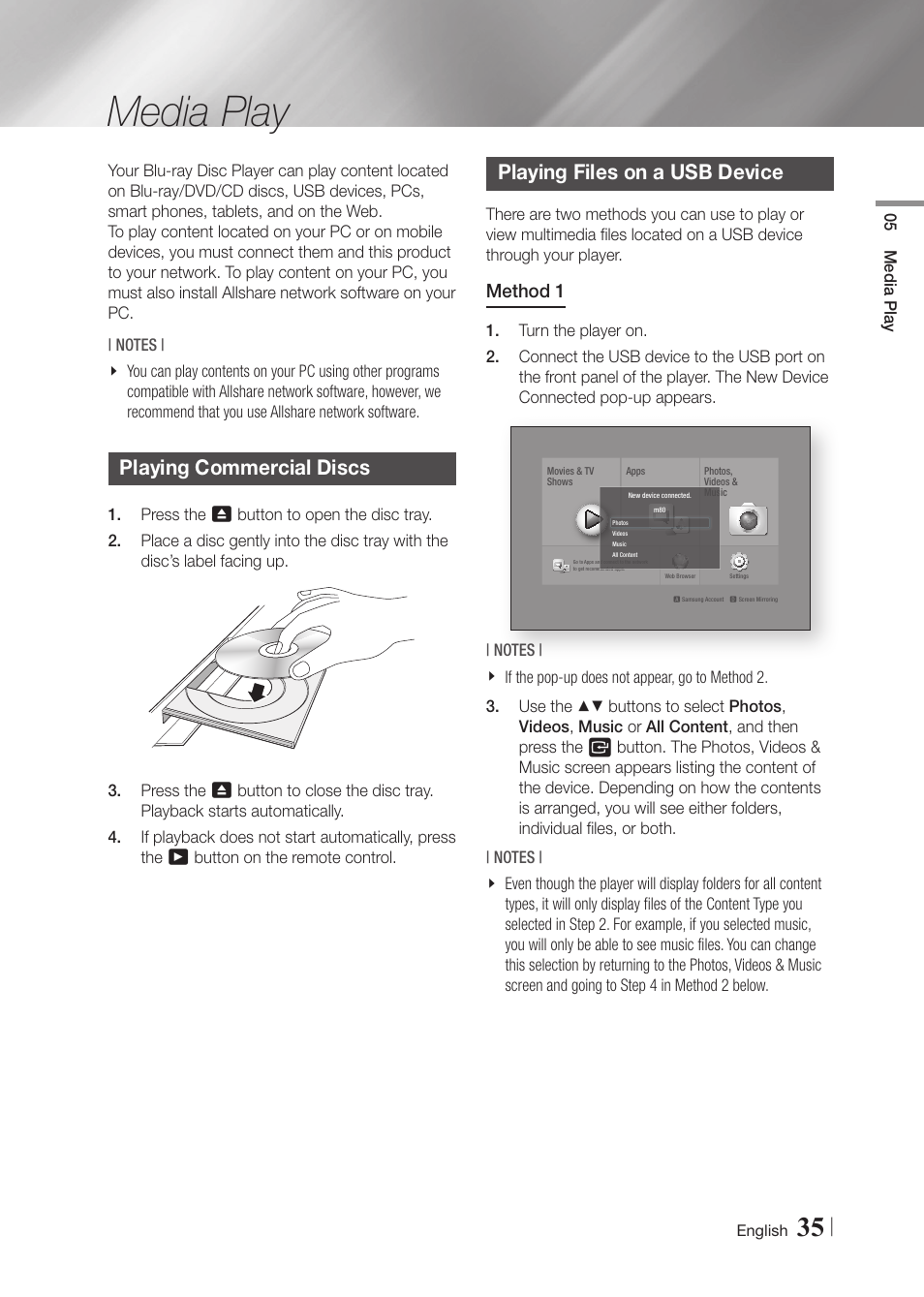 Media play, Playing commercial discs, Playing files on a usb device | Samsung BD-F7500-ZA User Manual | Page 35 / 71