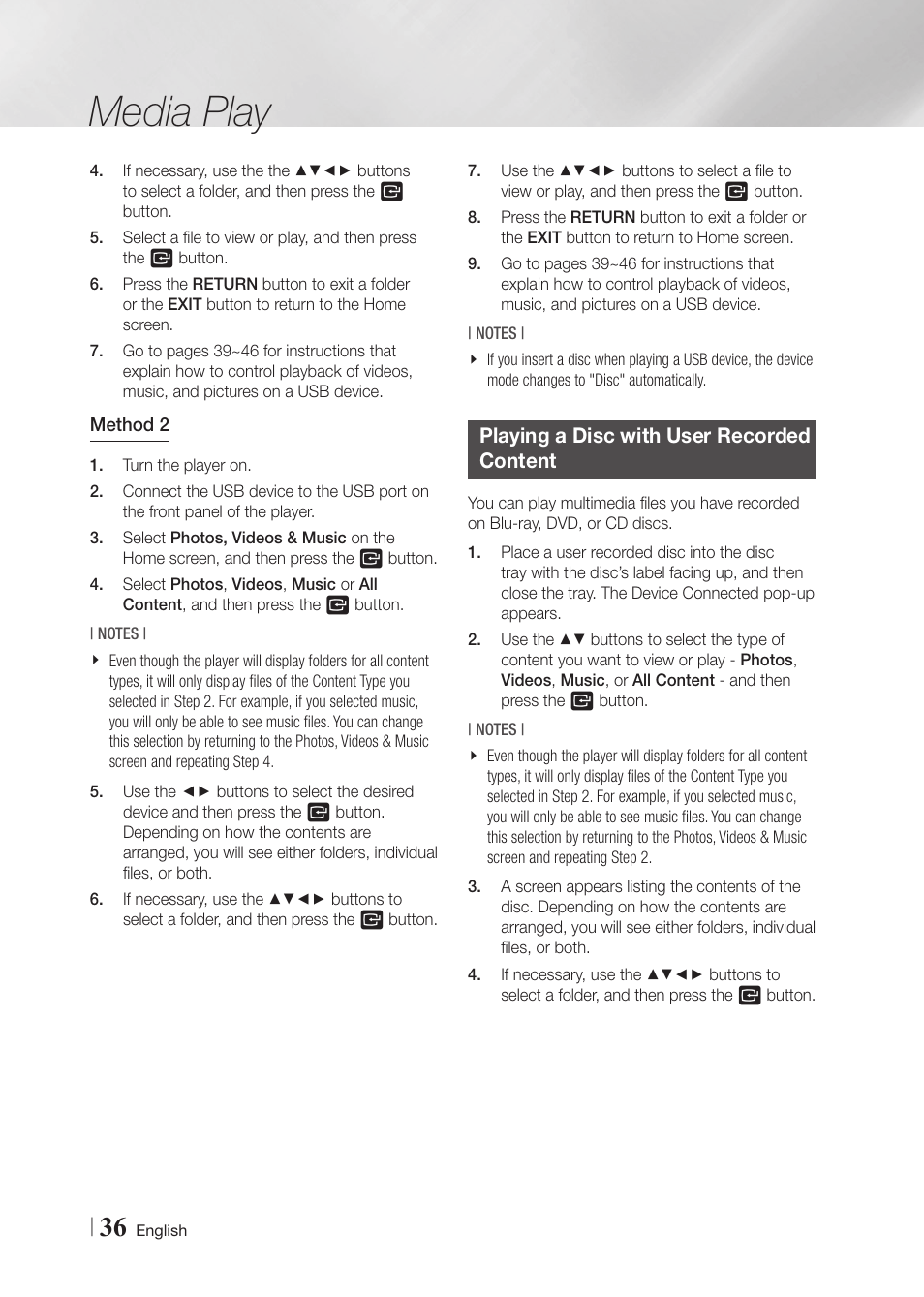 Playing a disc with user recorded content, Media play | Samsung BD-F7500-ZA User Manual | Page 36 / 71