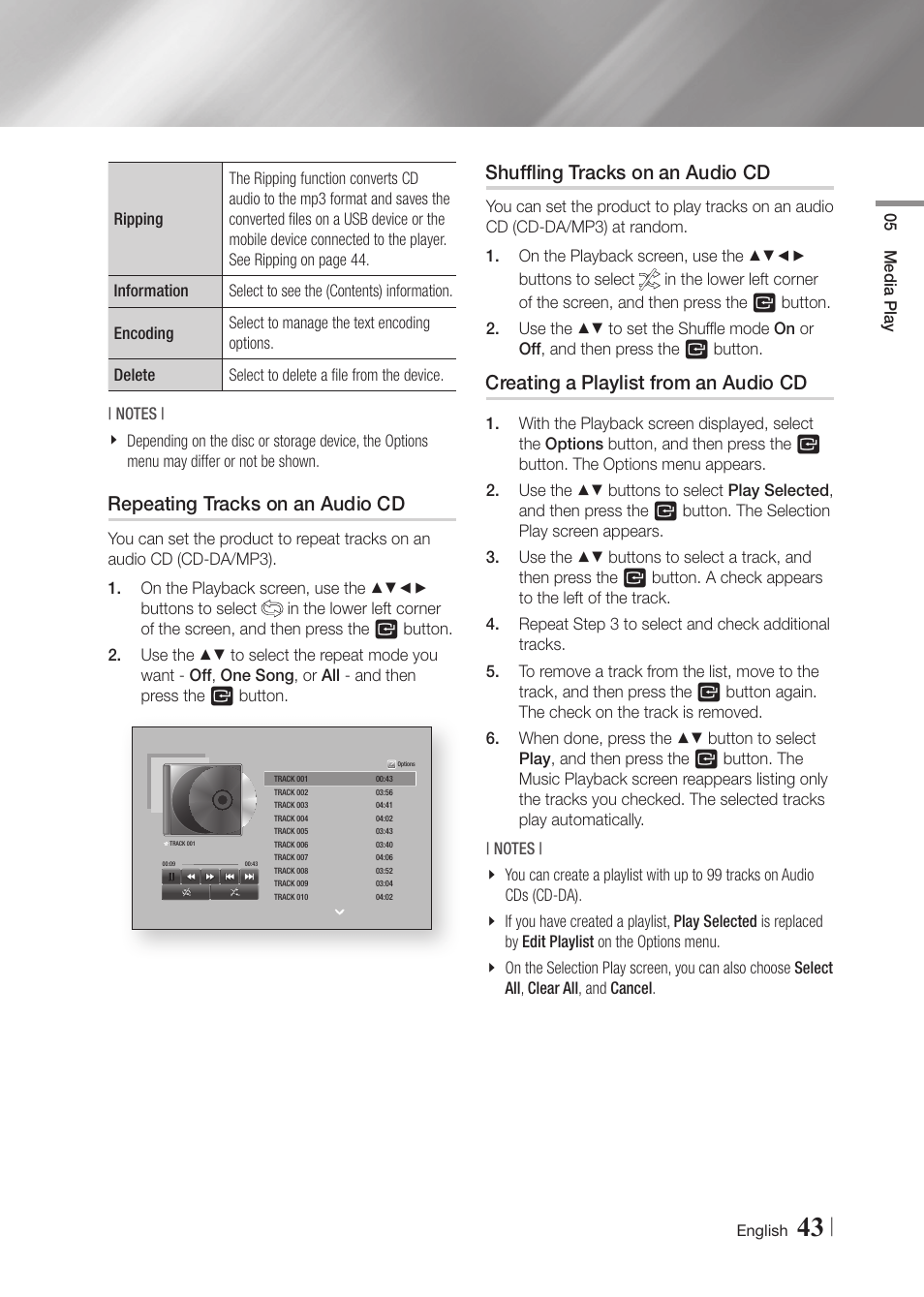 Repeating tracks on an audio cd, Shuffling tracks on an audio cd, Creating a playlist from an audio cd | Samsung BD-F7500-ZA User Manual | Page 43 / 71