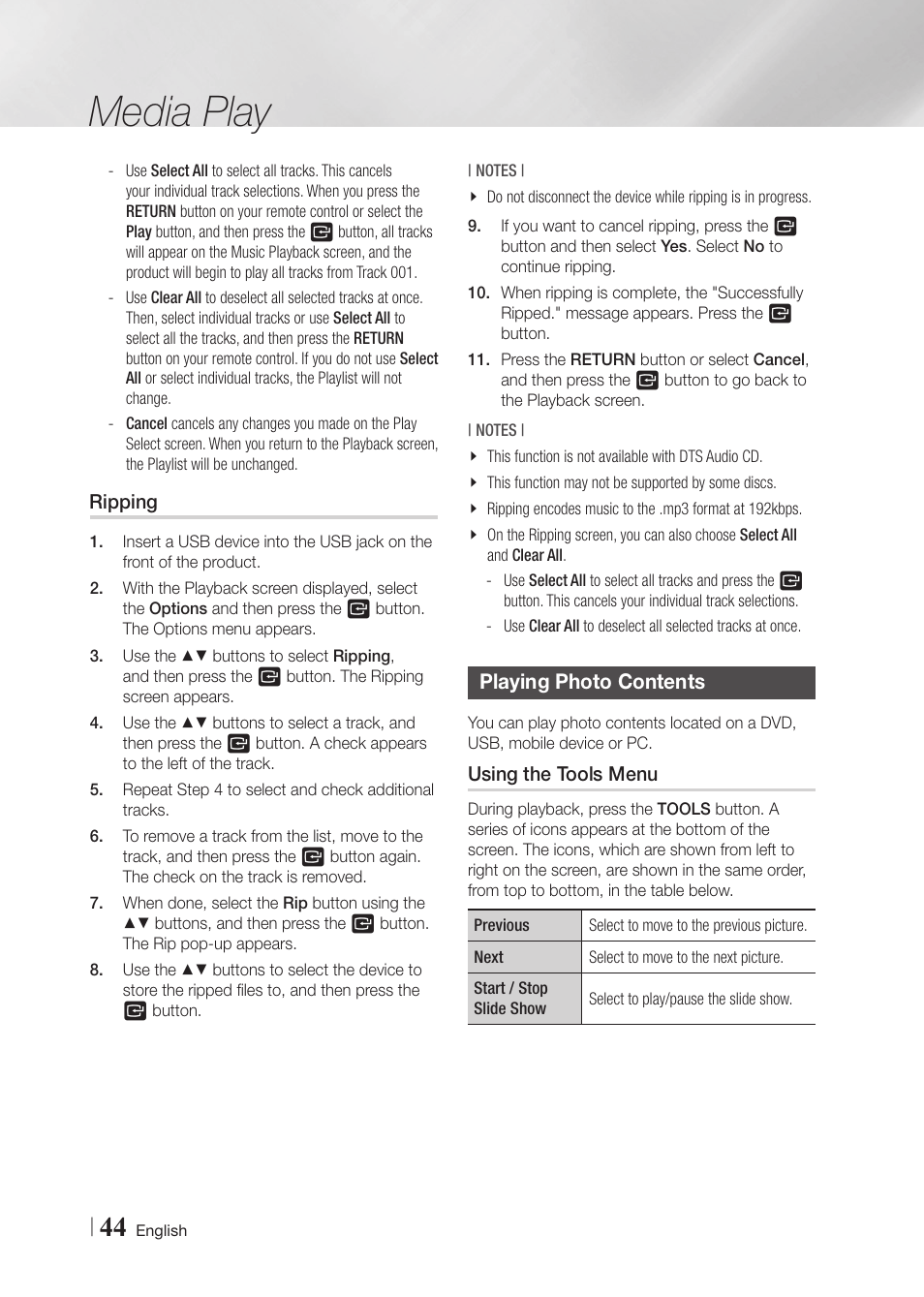 Ripping, Playing photo contents, Using the tools menu | Media play | Samsung BD-F7500-ZA User Manual | Page 44 / 71