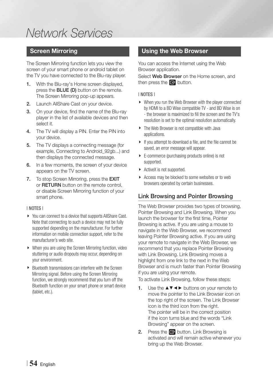 Screen mirroring, Using the web browser, Link browsing and pointer browsing | Network services | Samsung BD-F7500-ZA User Manual | Page 54 / 71