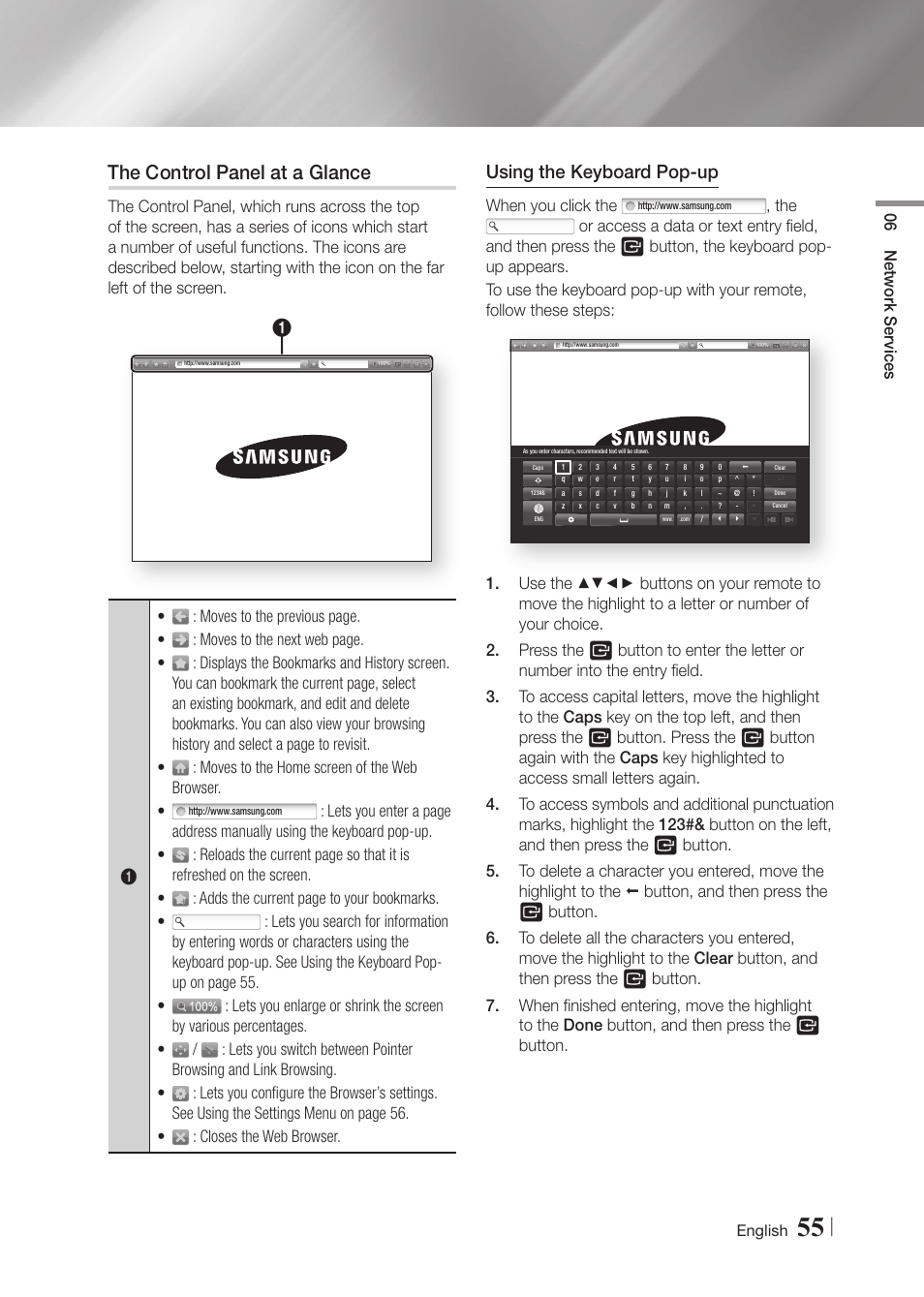 The control panel at a glance, Using the keyboard pop-up | Samsung BD-F7500-ZA User Manual | Page 55 / 71