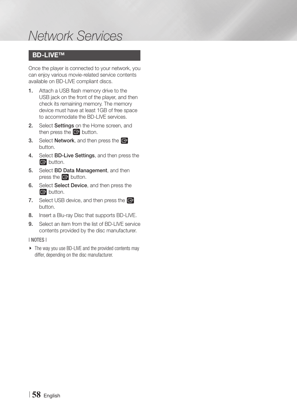 Bd-live, Network services | Samsung BD-F7500-ZA User Manual | Page 58 / 71