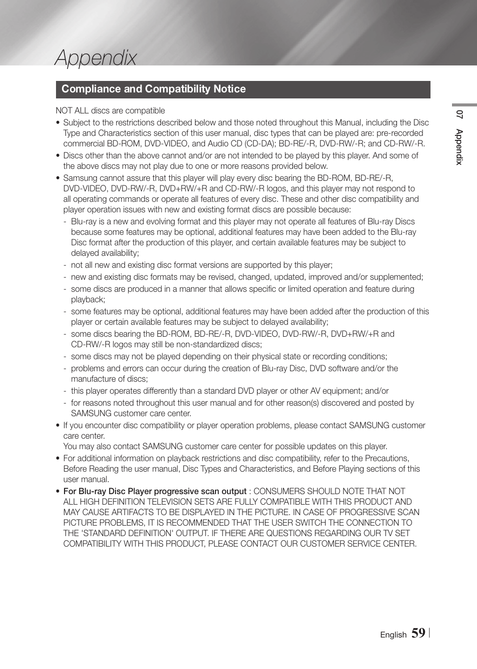 Appendix, Compliance and compatibility notice | Samsung BD-F7500-ZA User Manual | Page 59 / 71