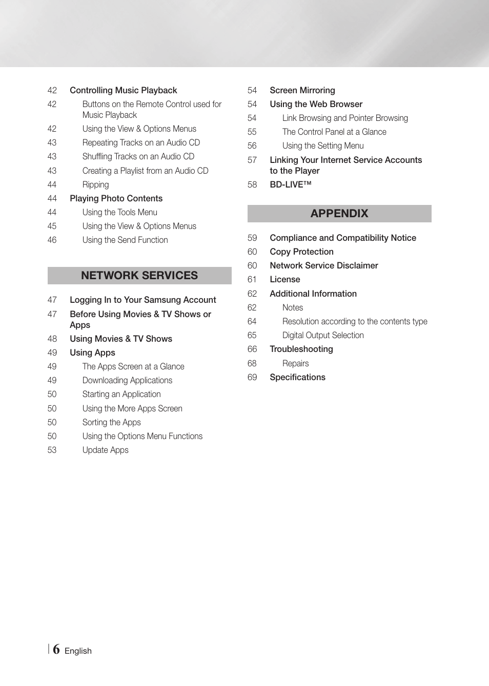 Network services, Appendix | Samsung BD-F7500-ZA User Manual | Page 6 / 71