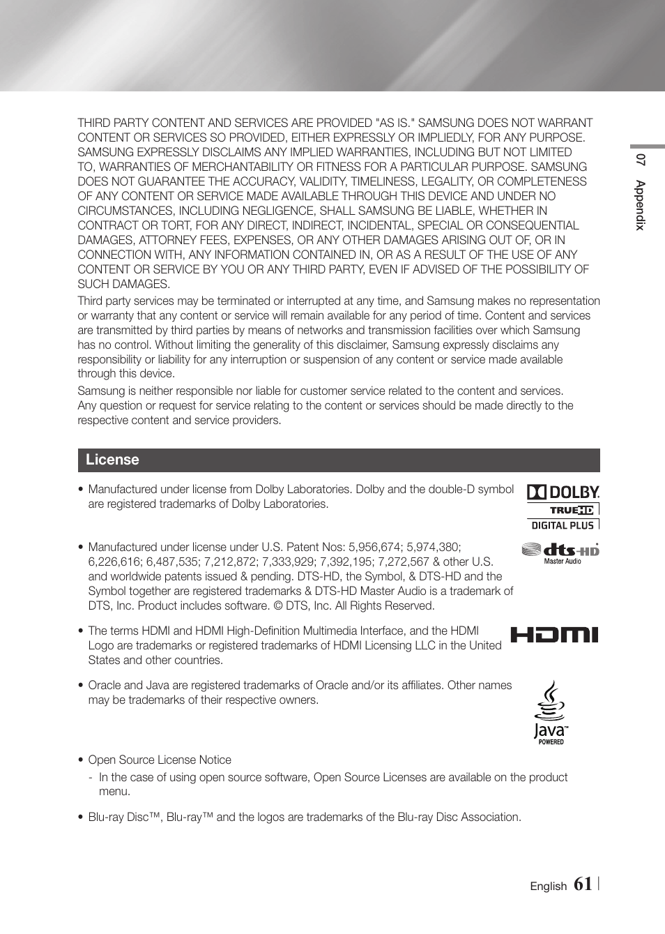 License | Samsung BD-F7500-ZA User Manual | Page 61 / 71