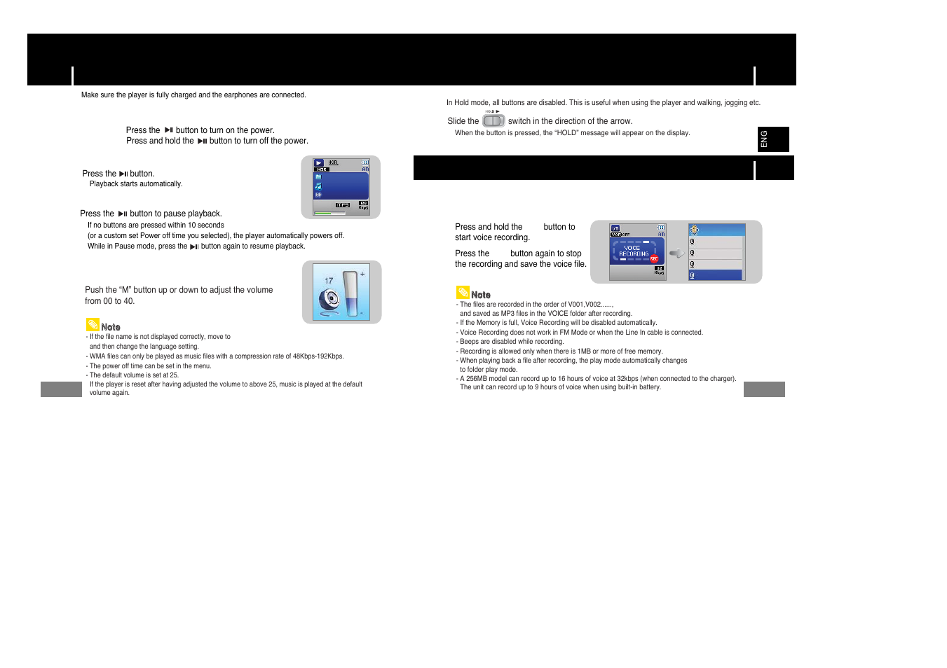 Basic usage, Playing music and turning off the device, Hold function | Recording voice, I playing music (power on), I pausing music (power off), I adjusting the volume, I turning power on and off | Samsung YP-T7Z-XAA User Manual | Page 20 / 38