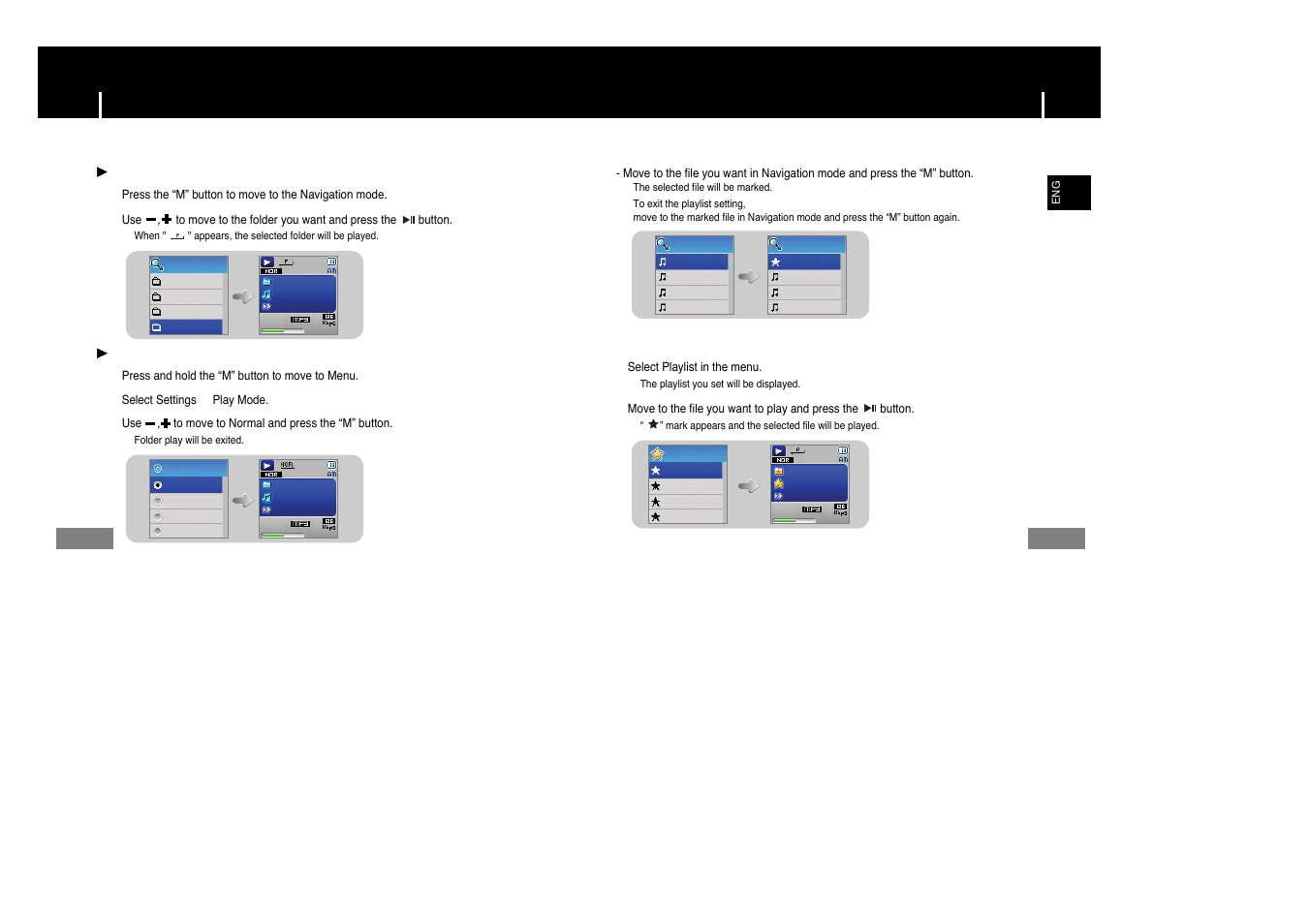 Setting playlist, Setting playlist using navigation, I playing/exiting folder | I setting playlist, I playing playlist | Samsung YP-T7Z-XAA User Manual | Page 24 / 38
