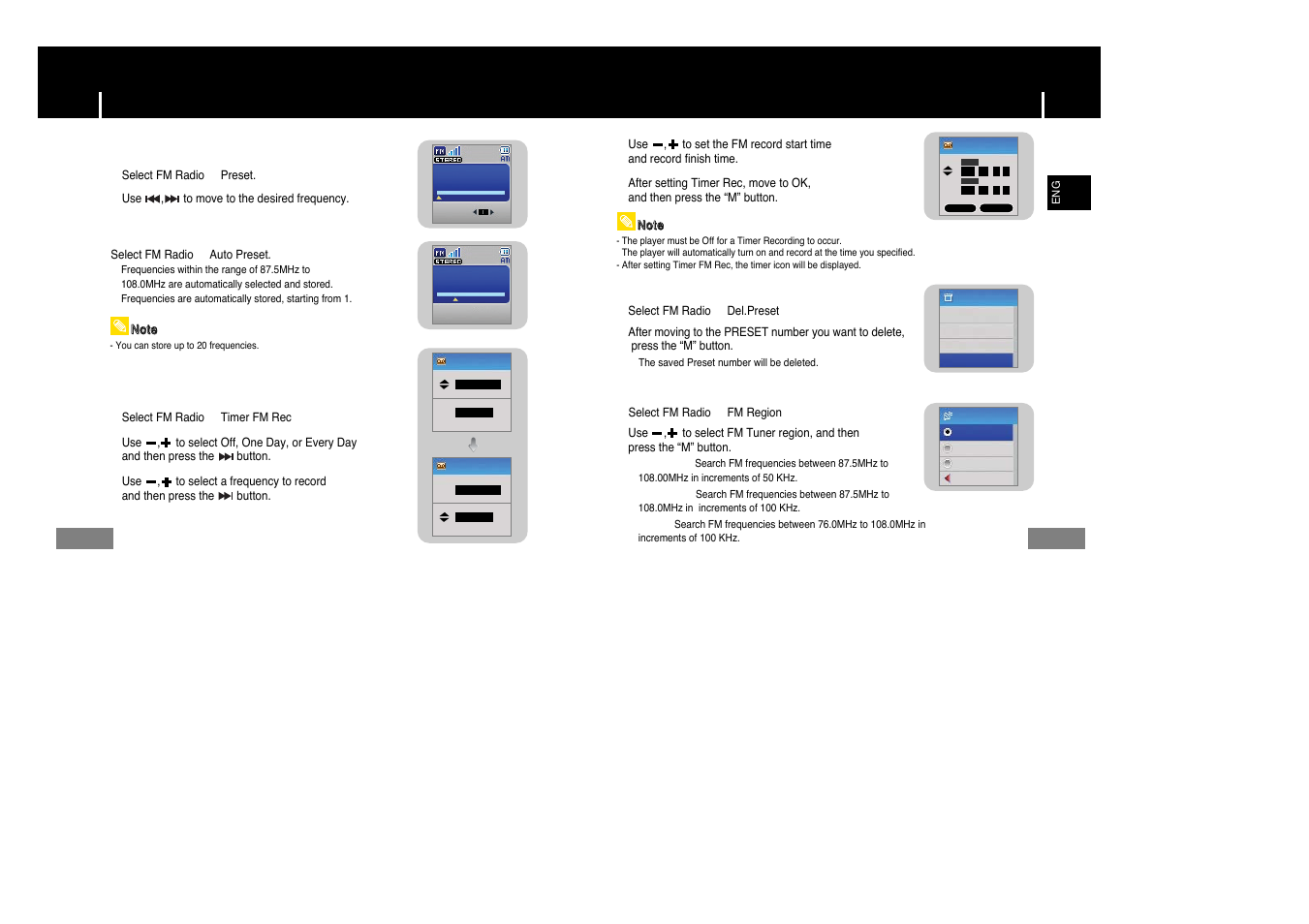 Fm radio settings, I searching stored frequencies, I timer fm rec | I automatic storage of a frequency, I preset delete, I fm region | Samsung YP-T7Z-XAA User Manual | Page 26 / 38