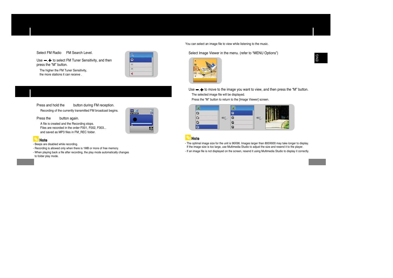Fm recording, Viewing image, Viewing image fm radio settings | I fm search level | Samsung YP-T7Z-XAA User Manual | Page 27 / 38