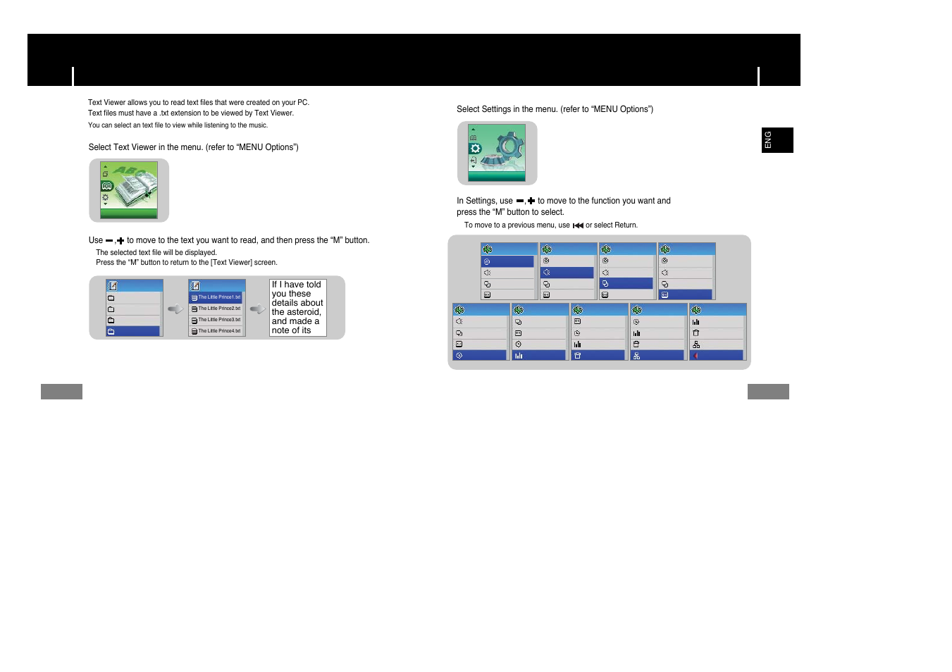 Viewing text, Setting the advanced functions, Setting the advanced functions viewing text | Samsung YP-T7Z-XAA User Manual | Page 28 / 38