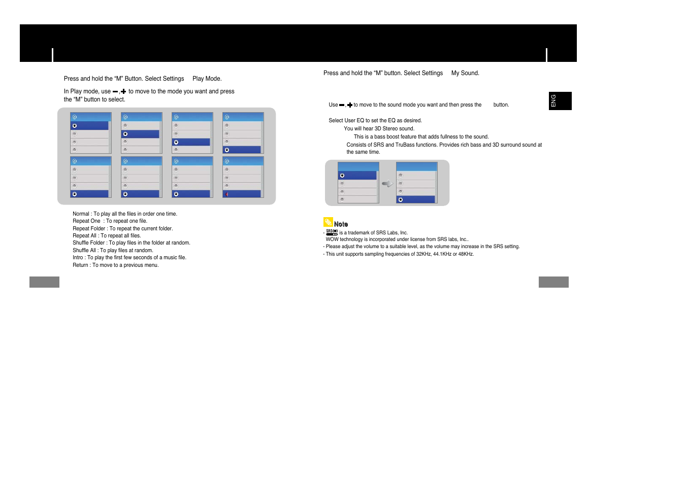 Selecting the play mode, Sound settings, Sound settings selecting the play mode | I preset eq | Samsung YP-T7Z-XAA User Manual | Page 29 / 38