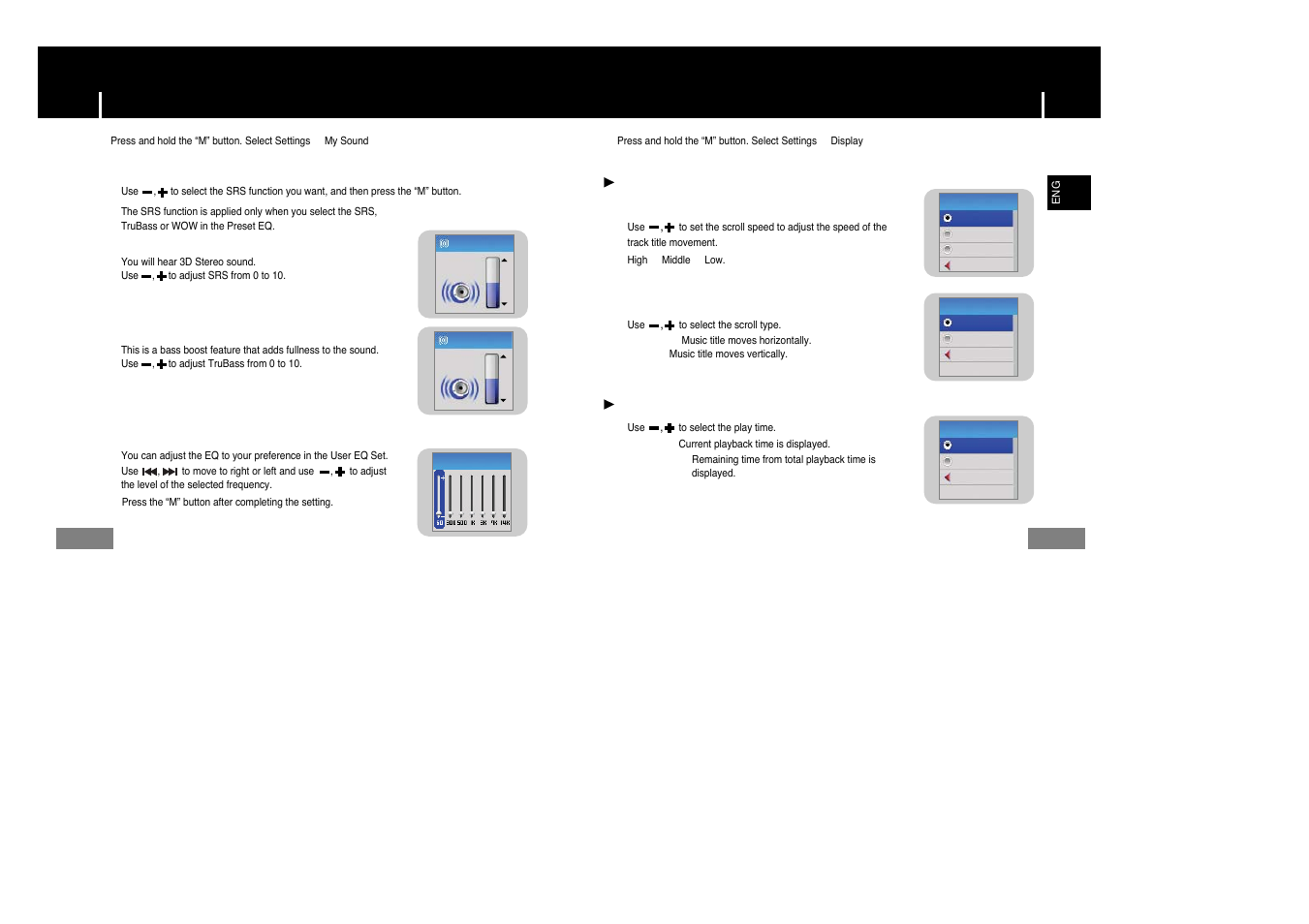Display settings, Display settings sound settings, I wow set | I user eq set | Samsung YP-T7Z-XAA User Manual | Page 31 / 38