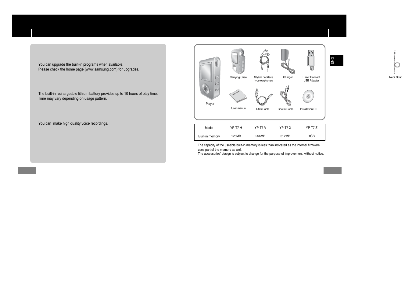 Components, Components features, Upgradable | Built-in rechargeable li-polymer battery, Voice recording function | Samsung YP-T7Z-XAA User Manual | Page 6 / 38