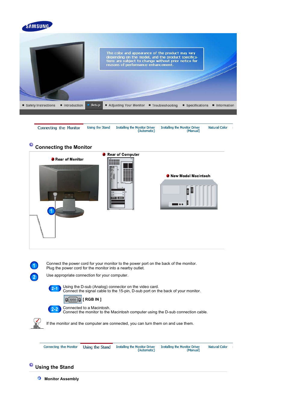 Setup, Syncmaster 740nw, Connecting the monitor | Using the stand | Samsung LS17HANSB-XBM User Manual | Page 18 / 71