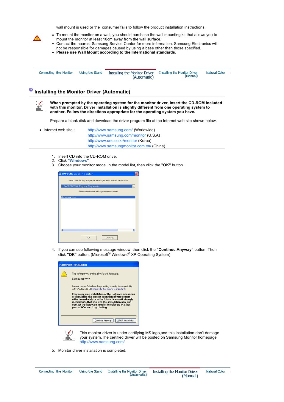Installing the monitor driver (automatic), Installing the monitor driver (manual) | Samsung LS17HANSB-XBM User Manual | Page 20 / 71