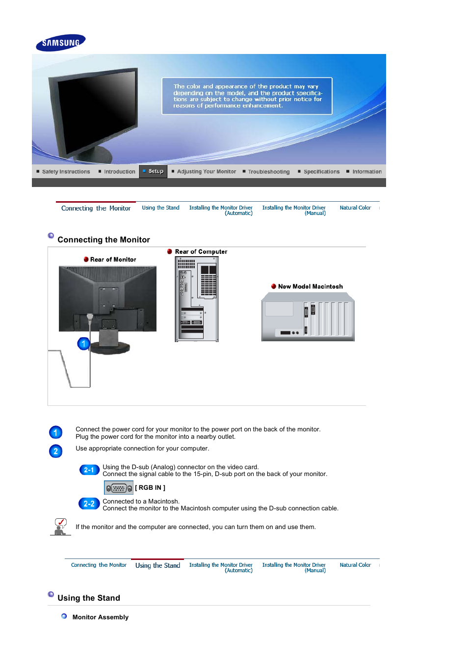 Syncmaster 940nw, Connecting the monitor, Using the stand | Samsung LS17HANSB-XBM User Manual | Page 28 / 71