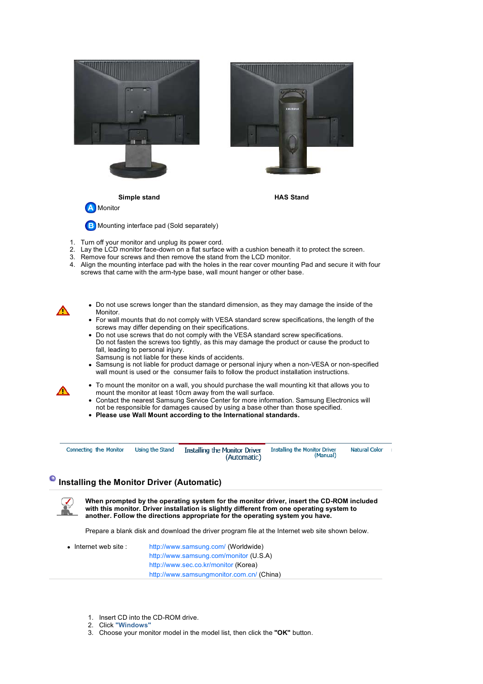 Installing the monitor driver (automatic) | Samsung LS17HANSB-XBM User Manual | Page 30 / 71