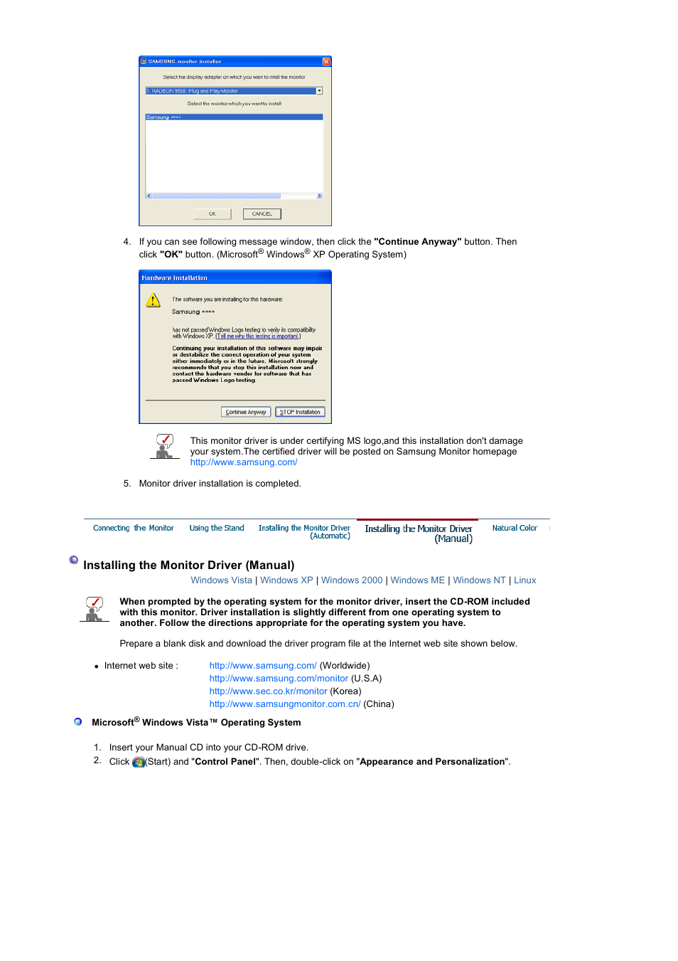 Installing the monitor driver (manual) | Samsung LS17HANSB-XBM User Manual | Page 31 / 71