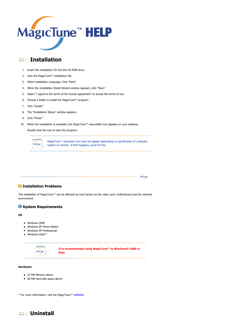 Magictune, Installation, Uninstall | Installation problems, System requirements | Samsung LS17HANSB-XBM User Manual | Page 49 / 71