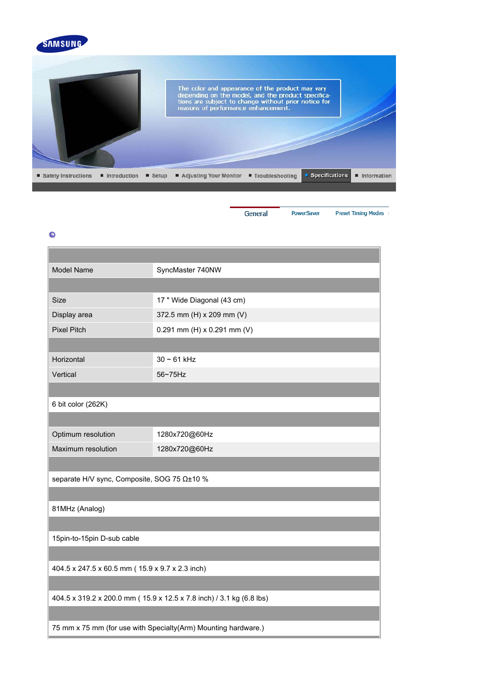 Specifications, Syncmaster 740nw, General | Samsung LS17HANSB-XBM User Manual | Page 59 / 71
