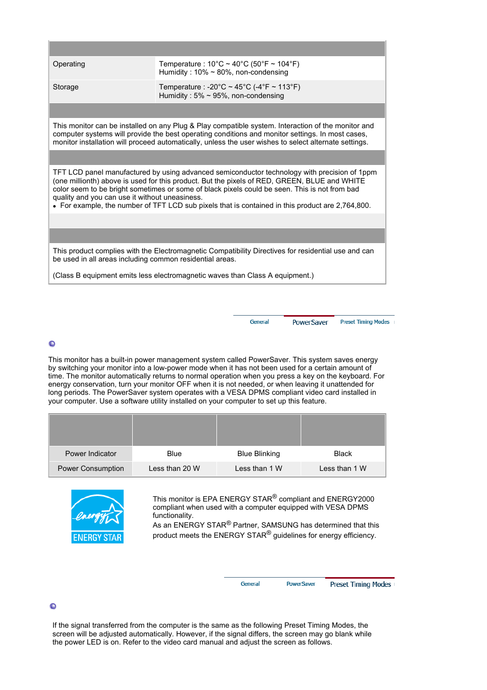 Powersaver, Preset timing modes | Samsung LS17HANSB-XBM User Manual | Page 60 / 71