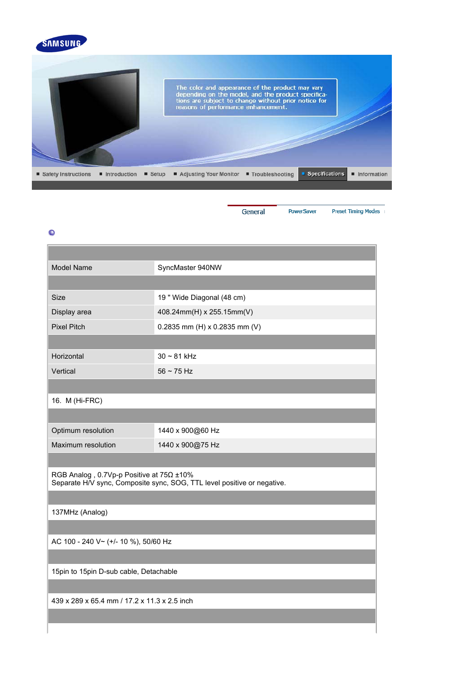 Syncmaster 940nw, General | Samsung LS17HANSB-XBM User Manual | Page 62 / 71