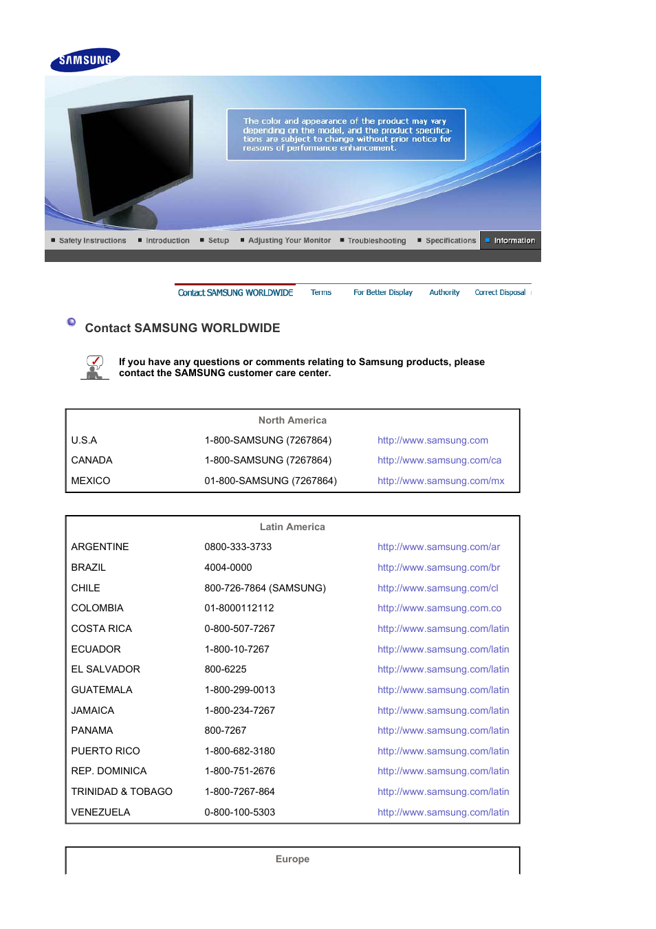 Information, Contact samsung worldwide | Samsung LS17HANSB-XBM User Manual | Page 65 / 71