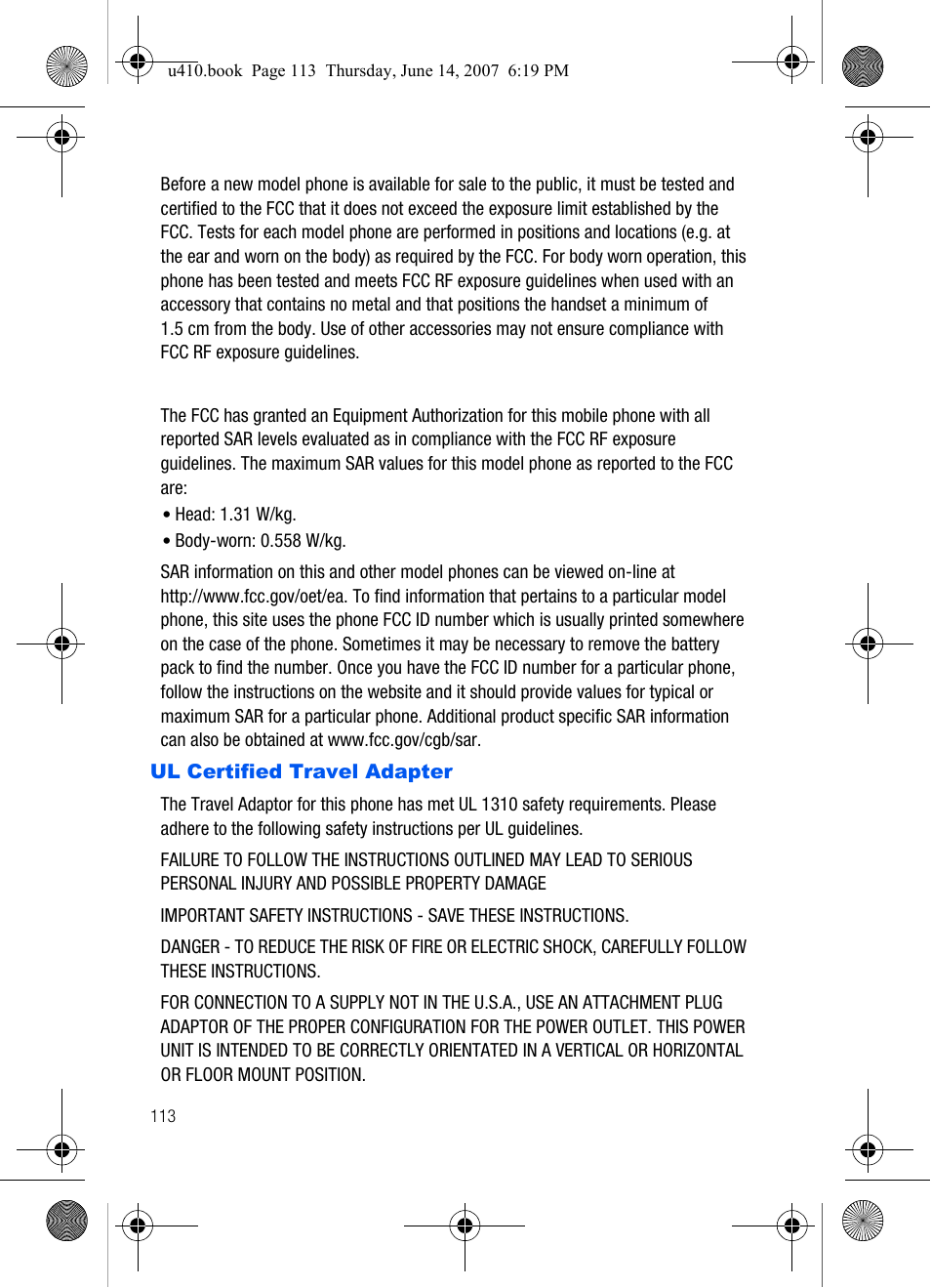 Ul certified travel adapter | Samsung SCH-U410MSAVZW User Manual | Page 116 / 142