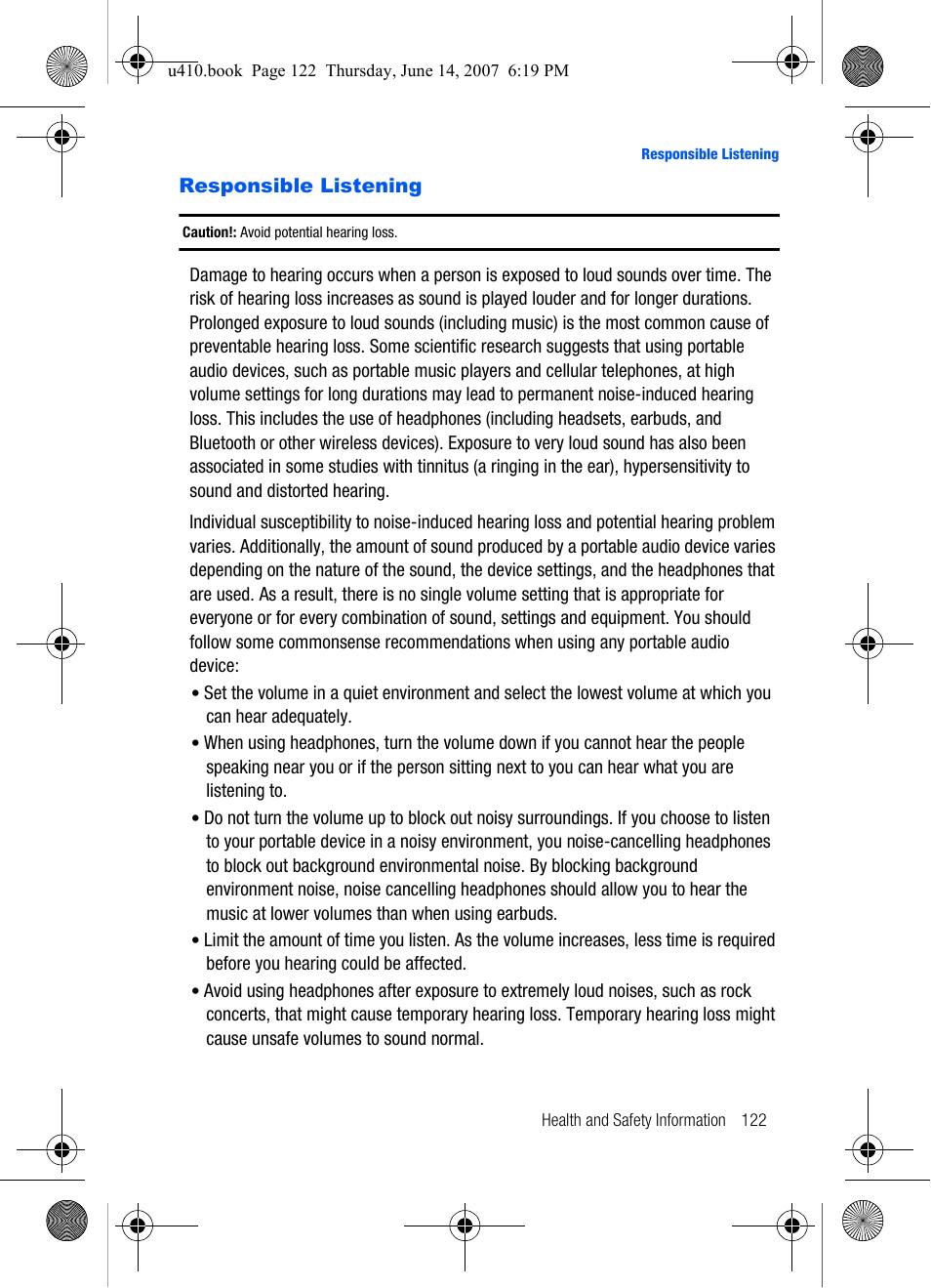 Responsible listening | Samsung SCH-U410MSAVZW User Manual | Page 125 / 142