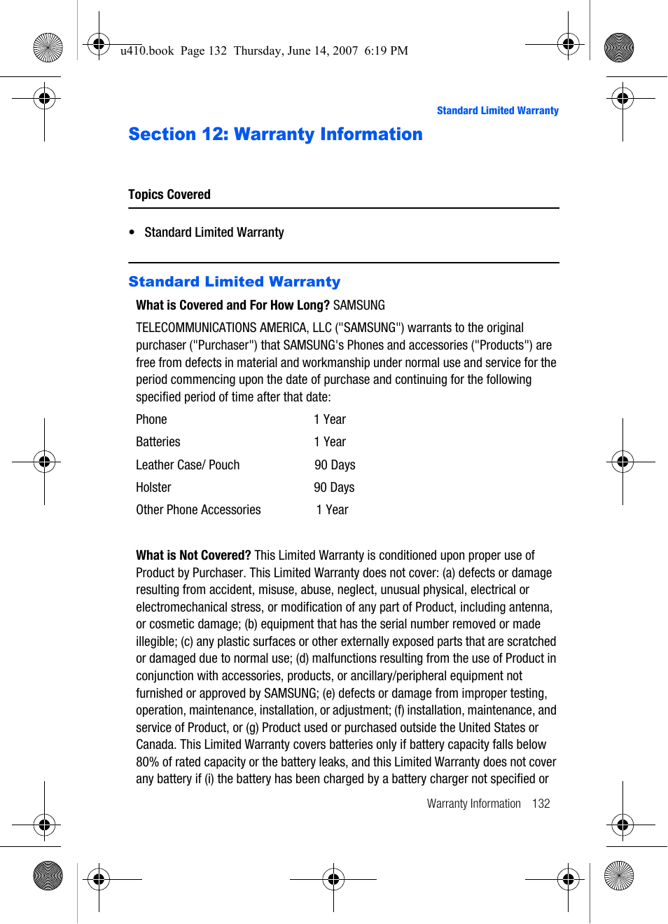 Warranty information, Standard limited warranty | Samsung SCH-U410MSAVZW User Manual | Page 135 / 142