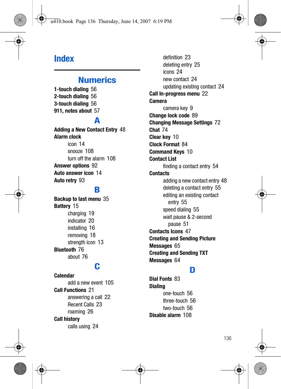 Index, Numerics | Samsung SCH-U410MSAVZW User Manual | Page 139 / 142