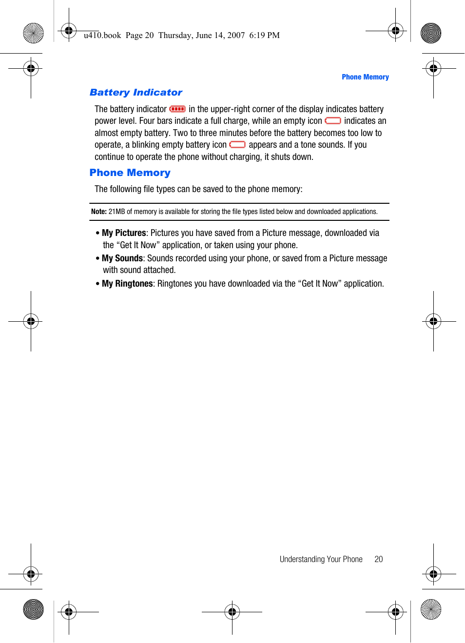 Phone memory | Samsung SCH-U410MSAVZW User Manual | Page 23 / 142