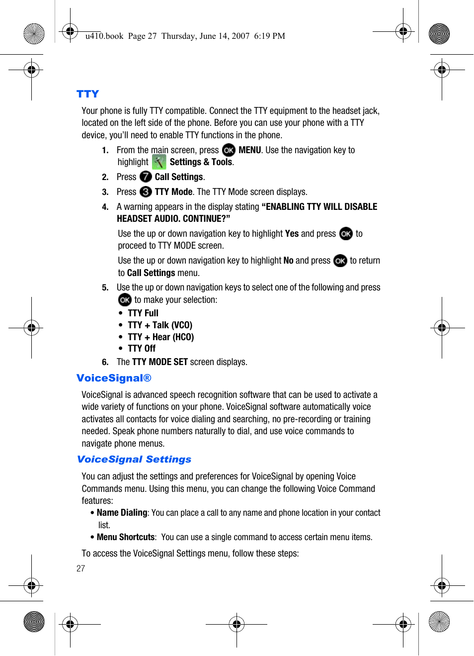 Tty voicesignal | Samsung SCH-U410MSAVZW User Manual | Page 30 / 142