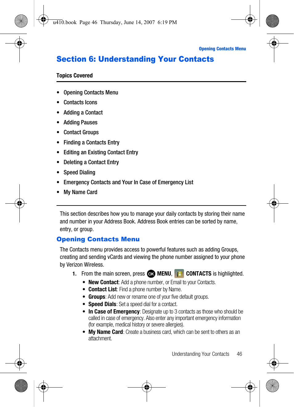 Understanding your contacts, Opening contacts menu | Samsung SCH-U410MSAVZW User Manual | Page 49 / 142