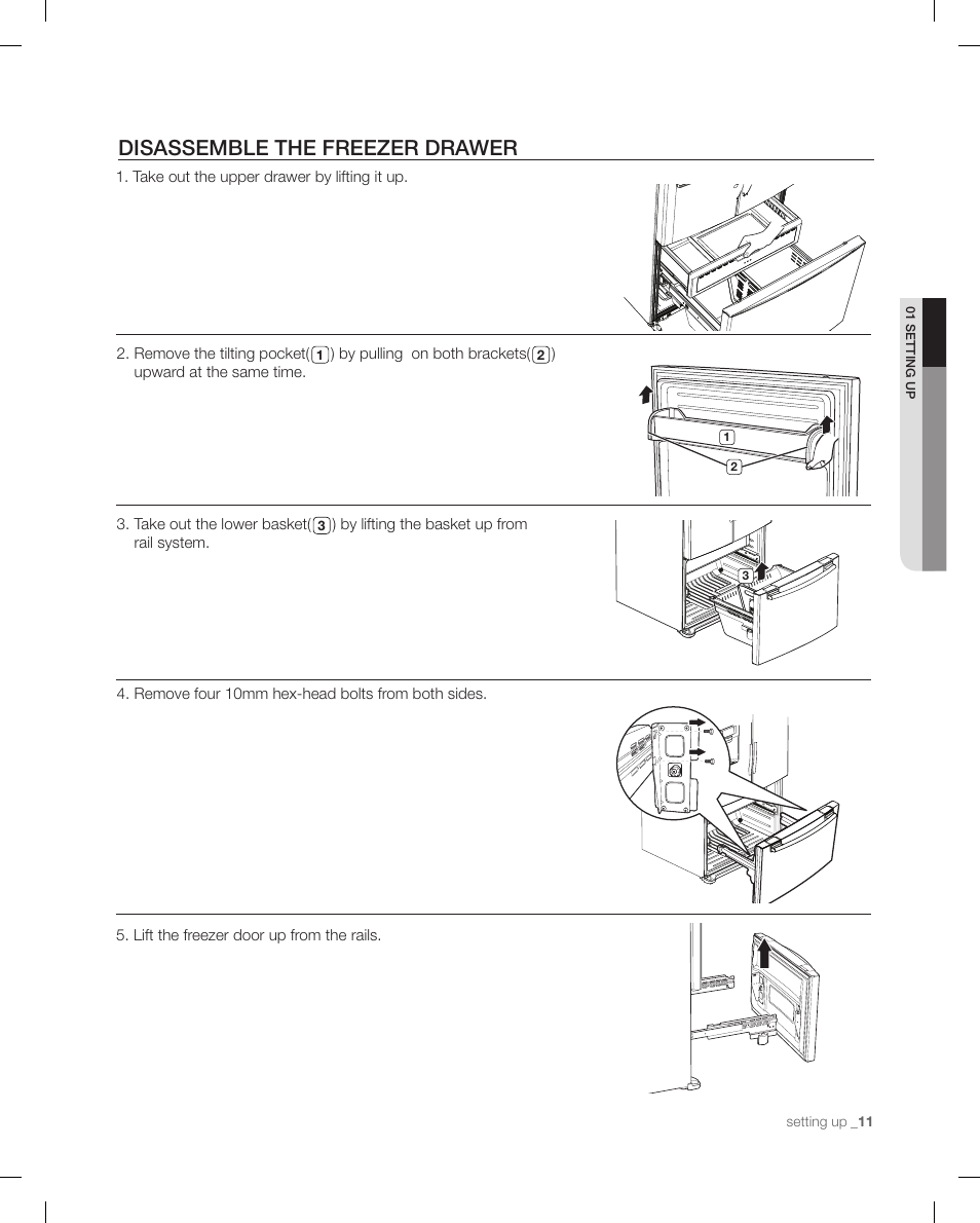 Disassemble the freezer drawer | Samsung RF267ACRS-XAA User Manual | Page 11 / 86