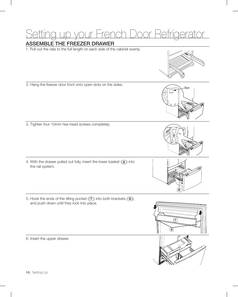 Setting up your french door refrigerator, Assemble the freezer drawer | Samsung RF267ACRS-XAA User Manual | Page 14 / 86