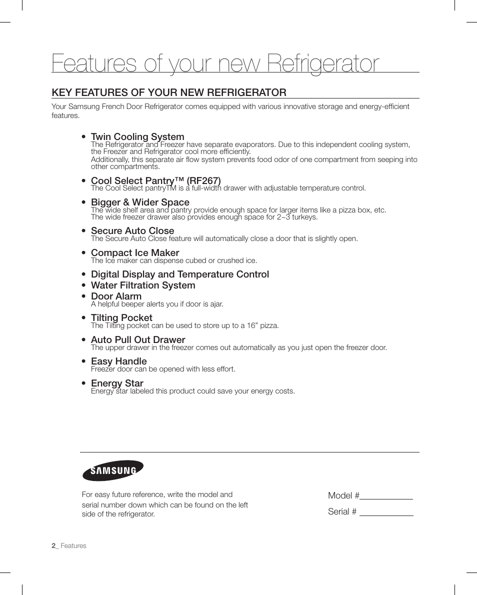 Features of your new refrigerator | Samsung RF267ACRS-XAA User Manual | Page 2 / 86