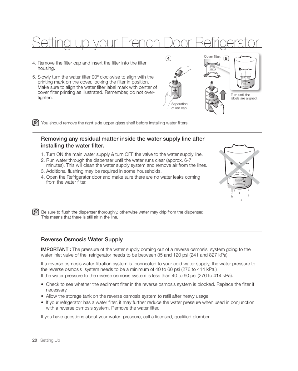 Setting up your french door refrigerator | Samsung RF267ACRS-XAA User Manual | Page 20 / 86