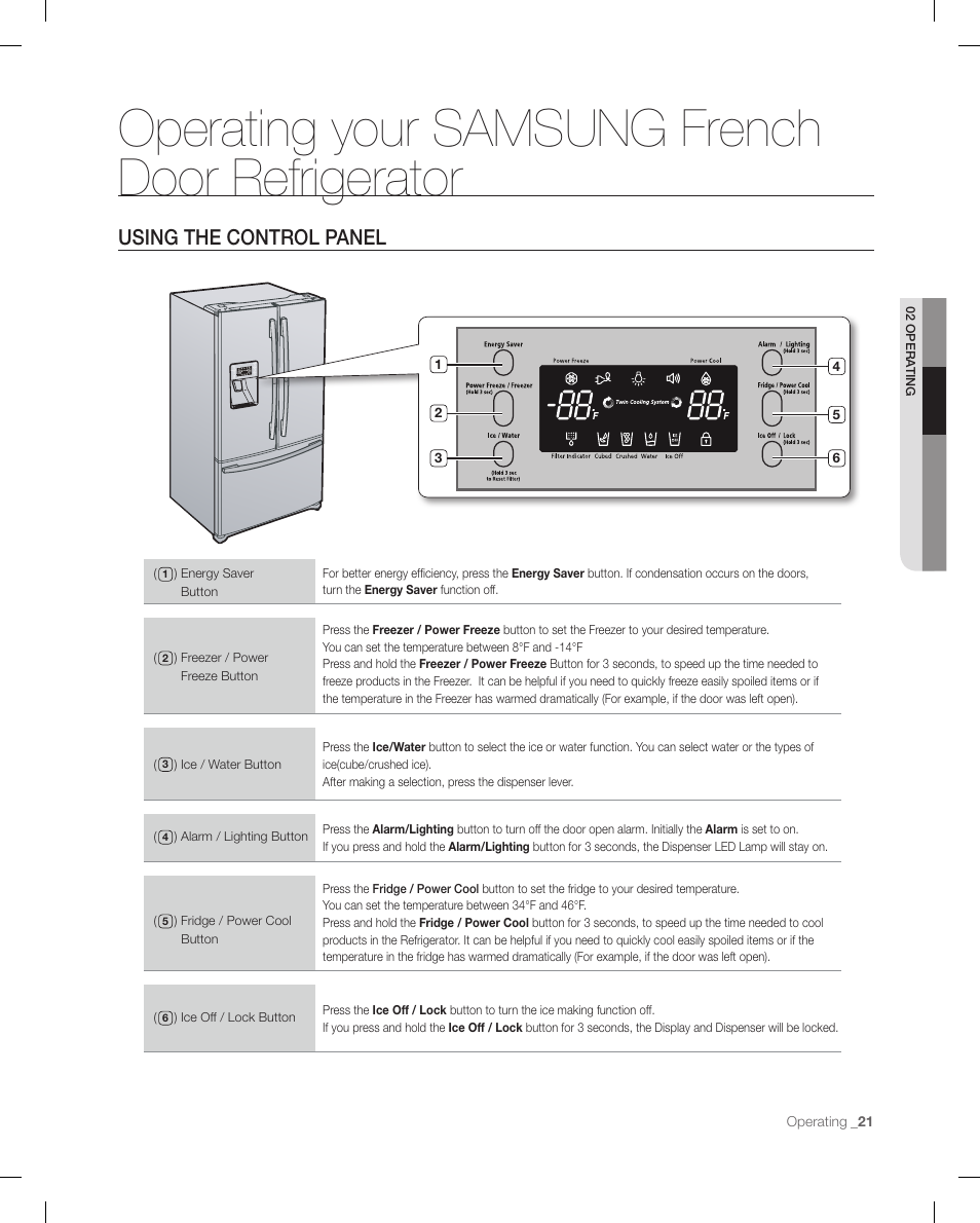 Operating your samsung french door refrigerator, Using the control panel | Samsung RF267ACRS-XAA User Manual | Page 21 / 86