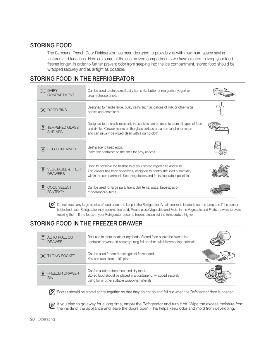 Storing food storing food in the refrigerator, Storing food in the freezer drawer | Samsung RF267ACRS-XAA User Manual | Page 28 / 86