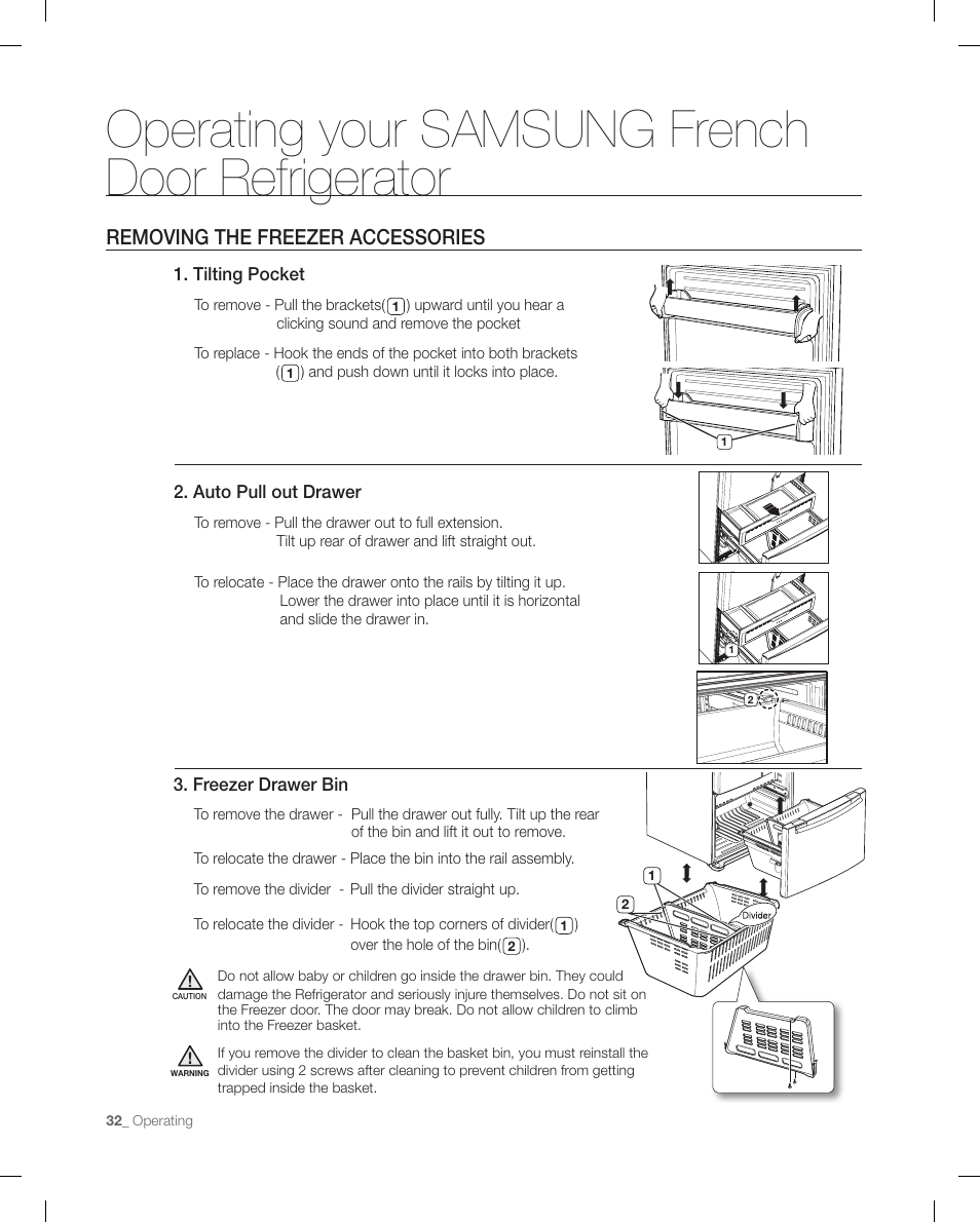 Operating your samsung french door refrigerator, Removing the freezer accessories | Samsung RF267ACRS-XAA User Manual | Page 32 / 86