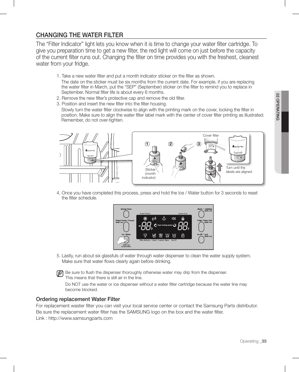 Changing the water filter, Ordering replacement water filter | Samsung RF267ACRS-XAA User Manual | Page 35 / 86