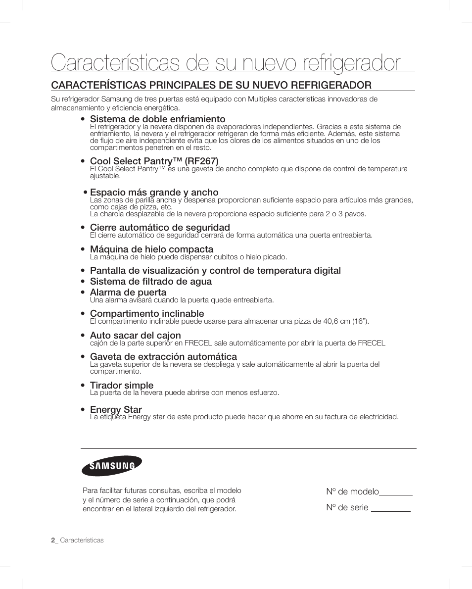 Características de su nuevo refrigerador | Samsung RF267ACRS-XAA User Manual | Page 46 / 86