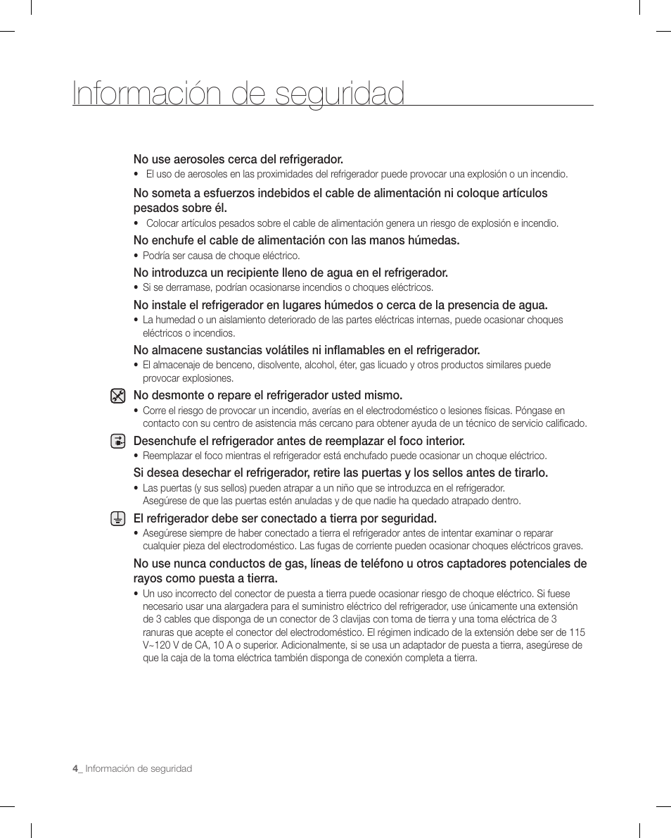 Información de seguridad | Samsung RF267ACRS-XAA User Manual | Page 48 / 86