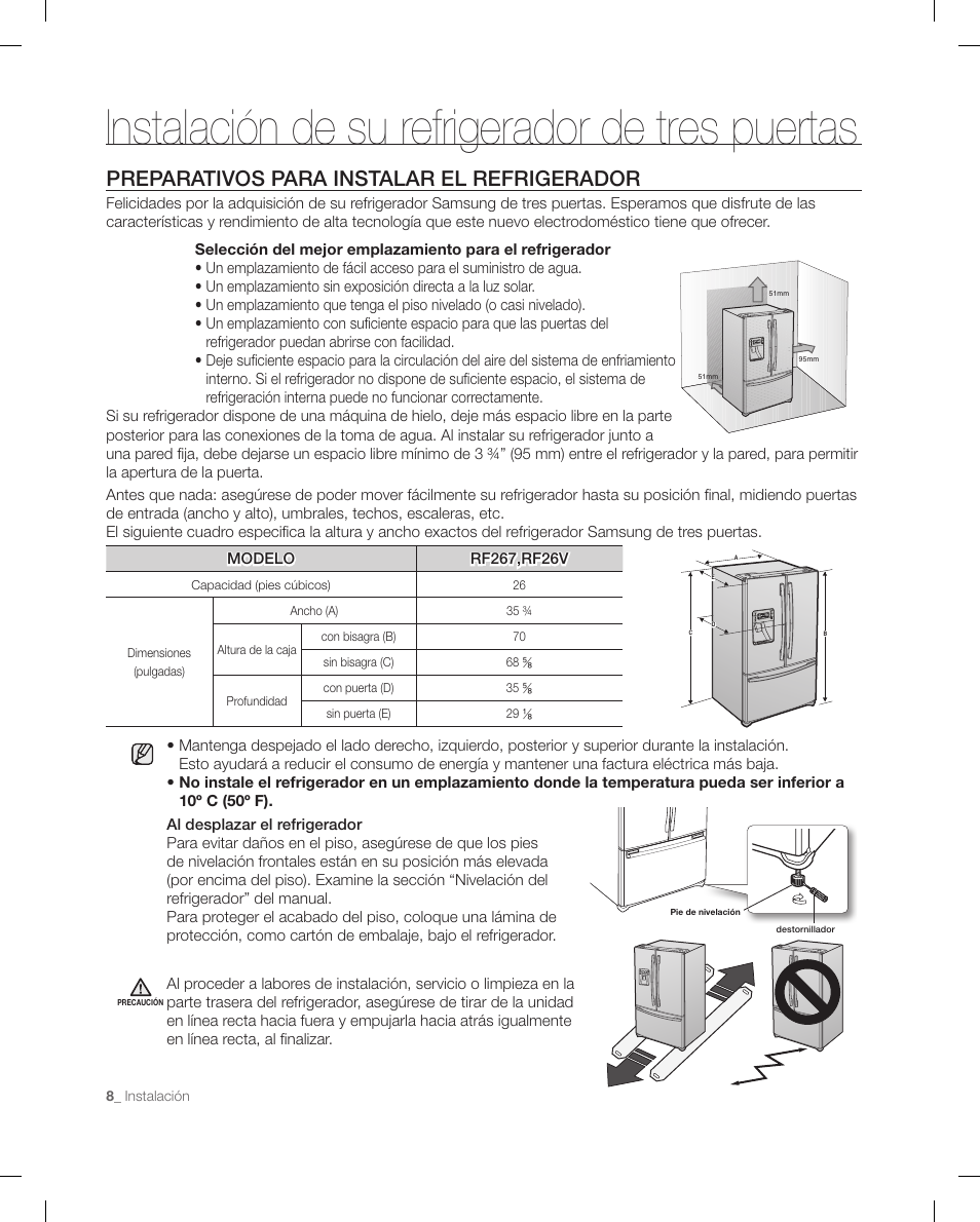 Instalación de su refrigerador de tres puertas, Preparativos para instalar el refrigerador | Samsung RF267ACRS-XAA User Manual | Page 52 / 86