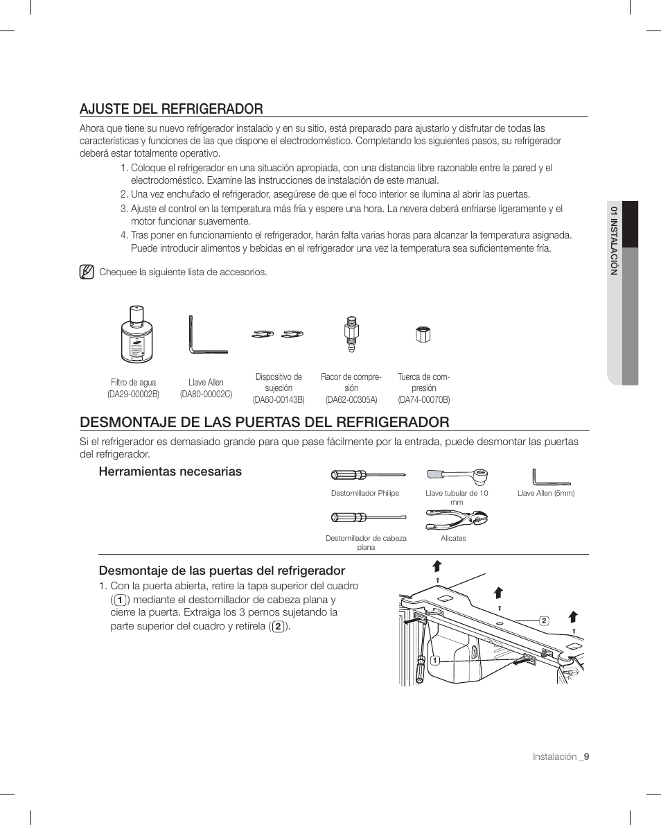 Ajuste del refrigerador, Desmontaje de las puertas del refrigerador, Herramientas necesarias | Samsung RF267ACRS-XAA User Manual | Page 53 / 86