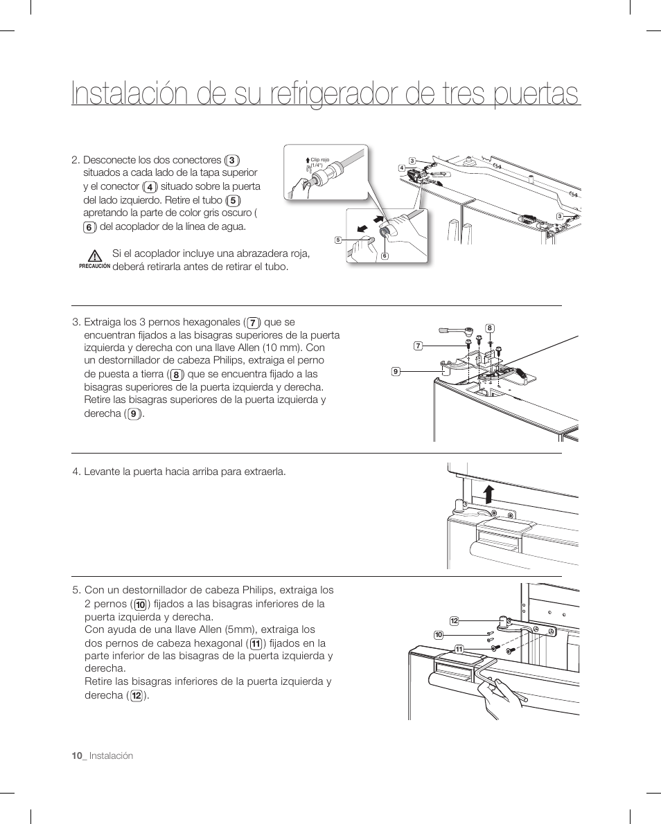 Instalación de su refrigerador de tres puertas | Samsung RF267ACRS-XAA User Manual | Page 54 / 86