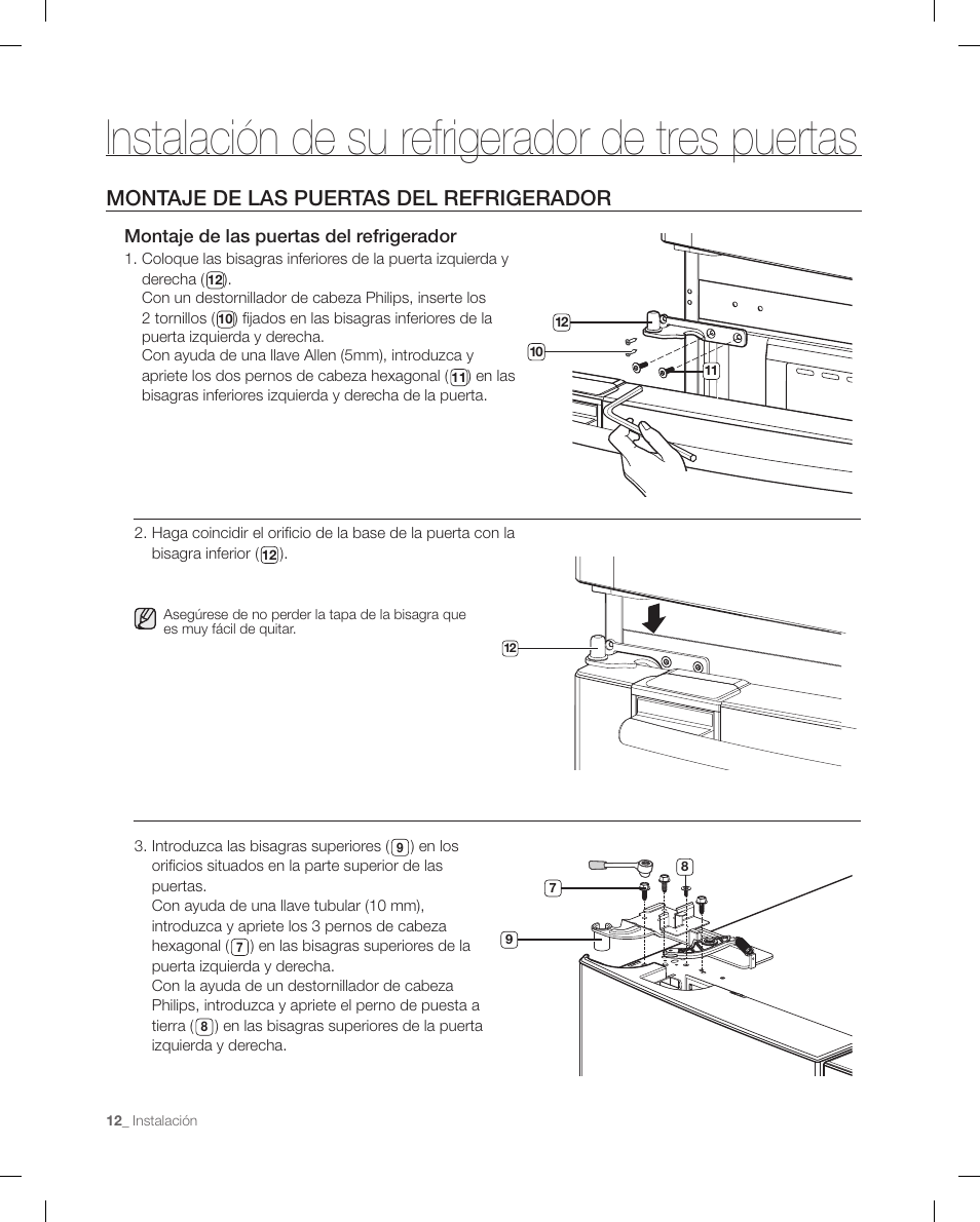 Instalación de su refrigerador de tres puertas, Montaje de las puertas del refrigerador | Samsung RF267ACRS-XAA User Manual | Page 56 / 86